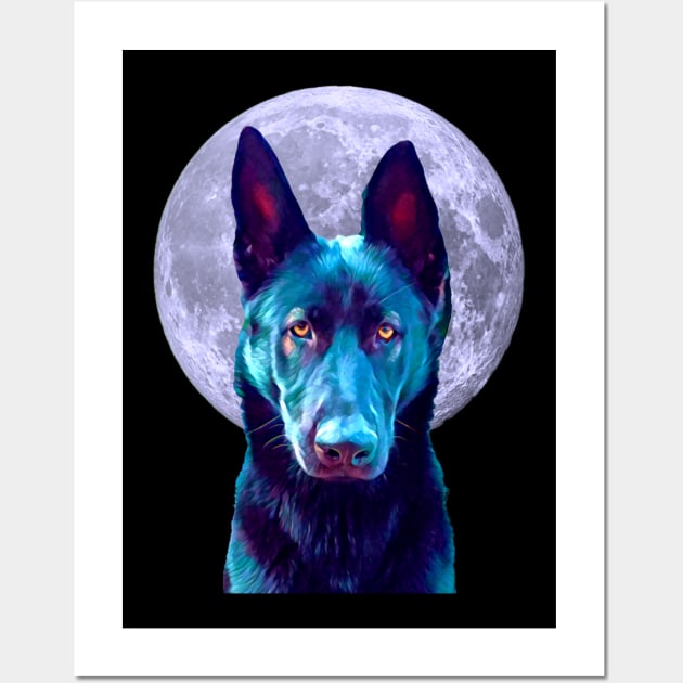 Black German Shepherd Moon for Dog Lovers Wall Art by Mochi Merch